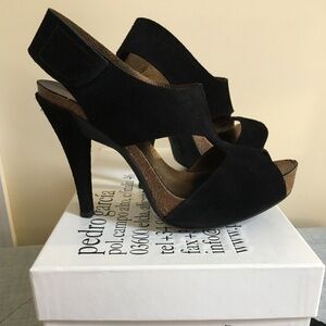 Pedro Garcia Black Suede Open Toe Heels